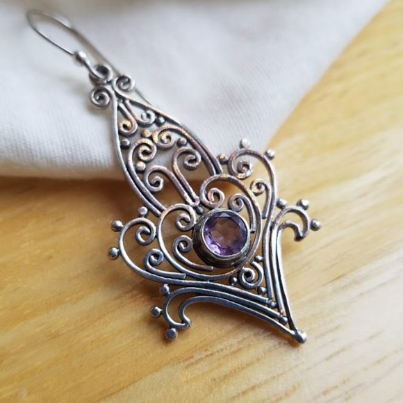 NEW Amethyst & Sterling Silver Filigree Boho Earrings Handmade Dangle Statement - Picture 3 of 7